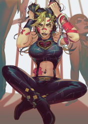 Rule 34 | 3girls, arm tattoo, arm wrap, arms up, bandaid, bandaid on arm, bandaid on face, bandaid on hand, bandaid on nose, bars, black hair, blue footwear, blue pants, braid, breasts, butterfly tattoo, crossed bandaids, cuffs, double bun, ermes costello, foo fighters (jojo), green eyes, green hair, green lips, hair bun, handcuffs, hands in hair, highres, indian style, jojo no kimyou na bouken, kiss (stand), kuujou jolyne, legging boots, long hair, looking at viewer, multicolored hair, multiple girls, navel, navel piercing, out of frame, pants, partially colored, piercing, shadow, short hair, sitting, sleeveless, stand (jojo), standing, stomach, stone ocean, tattoo, two-tone hair, ultracat, wristband