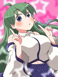 Rule 34 | 1girl, ahoge, bare shoulders, blue eyes, blue skirt, blush, breasts, detached sleeves, frog hair ornament, green hair, hair between eyes, hair ornament, hair tubes, highres, japanese clothes, kochiya sanae, large breasts, long hair, navel, nontraditional miko, open mouth, rokugou daisuke, signature, skirt, snake hair ornament, solo, touhou, upper body, white sleeves, wide sleeves