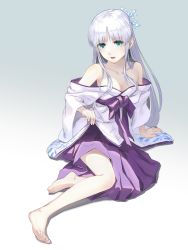 Rule 34 | 1girl, aqua eyes, arm support, bare shoulders, barefoot, blush, breasts, character request, cleavage, collarbone, commission, copyright request, feet, fukukitaru, full body, gradient background, grey background, grey kimono, hair ornament, highres, japanese clothes, kimono, leaning to the side, legs, light purple hair, long hair, looking to the side, medium breasts, obi, off shoulder, open mouth, pleated skirt, print kimono, purple skirt, sash, sidelocks, sitting, skeb commission, skirt, solo, thighs, toes, white background, yokozuwari