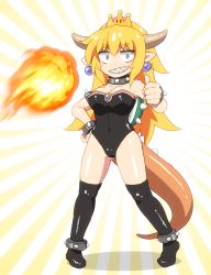 Rule 34 | 1girl, anklet, bare arms, bare shoulders, black collar, black thighhighs, blonde hair, blue eyes, blush stickers, bowsette, breasts, cleavage, collar, commentary, constricted pupils, covered navel, crown, earrings, fireball, full body, hair between eyes, horns, jewelry, large breasts, leotard, long hair, mario (series), mini crown, new super mario bros. u deluxe, nintendo, no nose, no shoes, pointy ears, shadow, shiny clothes, shiny skin, shirosato, slit pupils, solo, spiked anklet, spiked collar, spiked shell, spikes, standing, strapless, strapless leotard, sunburst, super crown, tail, thick eyebrows, thighhighs, thighs, thumbs up, white background, yellow background