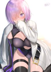 Rule 34 | 1girl, absurdres, blush, borrowed clothes, breasts, cleavage, cleavage cutout, clothing cutout, covering own mouth, dated, elbow gloves, eyes visible through hair, fate/grand order, fate (series), glasses, gloves, grey sleeves, hair between eyes, hair over one eye, highres, jacket, looking at viewer, mash kyrielight, medium breasts, navel cutout, open clothes, open jacket, pink hair, purple eyes, rushian, short hair, sitting, smile, solo, thighhighs, wariza