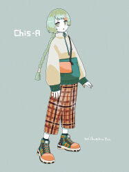 Rule 34 | 1girl, absurdres, alternate costume, arms at sides, artist name, bag, boots, braid, braided ponytail, brown pants, character name, chis-a, colored skin, film grain, full body, green background, green eyes, green footwear, green hair, green jacket, highres, jacket, jewelry, long hair, long sleeves, looking at viewer, miharusu, multicolored clothes, multicolored eyes, multicolored hair, multicolored jacket, multiple rings, o-ring, open mouth, orange eyes, orange footwear, orange hair, orange nails, pants, plaid, plaid pants, ring, shoes, shoulder bag, simple background, sneakers, solo, standing, streaked hair, turtleneck, turtleneck jacket, two-tone footwear, two-tone jacket, voisona, white jacket, white skin, zipper