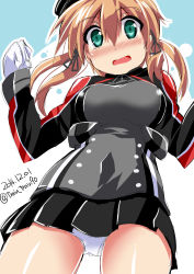 Rule 34 | 10s, 1girl, aqua eyes, blonde hair, blush, breasts, from below, hat, kantai collection, large breasts, looking at viewer, low twintails, lowres, open mouth, panties, pantyshot, prinz eugen (kancolle), skirt, solo, standing, train 90, twintails, underwear, white panties