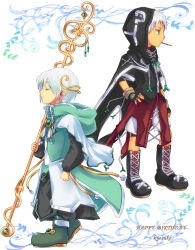 Rule 34 | 2boys, boots, cape, child, closed eyes, green eyes, male focus, multiple boys, oginy, short hair, simple background, staff, standing, white hair