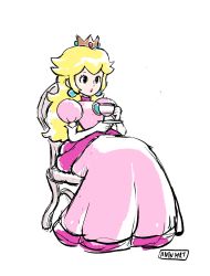 Rule 34 | 1girl, absurdres, antonin (antn.mrt), artist name, blonde hair, blue eyes, brooch, chair, crown, cup, dress, earrings, elbow gloves, eyelashes, full body, gloves, highres, holding, holding cup, jewelry, lips, long dress, long hair, mario (series), nintendo, on chair, parted lips, pink dress, pink lips, princess, princess peach, puffy short sleeves, puffy sleeves, saucer, short sleeves, simple background, sitting, solo, super mario bros. 1, tea, teacup, white background, white gloves