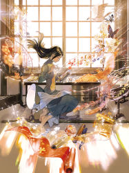Rule 34 | 1girl, barefoot, bird, black hair, branch, bug, butterfly, cloth, drawer, embroidery, closed eyes, feathers, floating hair, flower, bug, long hair, long sleeves, original, sitting, solo, sparkle, sweater, umishima senbon, white bird, window