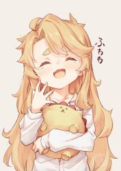 Rule 34 | 1girl, blonde hair, blush, closed eyes, commentary request, grey background, highres, holding, holding stuffed toy, jingai modoki, long hair, long sleeves, open mouth, original, shirt, simple background, solo, stuffed animal, stuffed toy, tears, thick eyebrows, white shirt, yawning