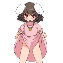 Rule 34 | 1girl, animal ears, blush, brown hair, carrot, clothes lift, dress, dress lift, inaba tewi, jewelry, looking at viewer, necklace, no panties, pink dress, rabbit ears, red eyes, short hair, smile, solo, touhou, transparent background