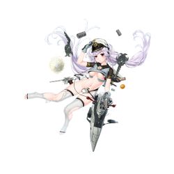 Rule 34 | 1girl, black gloves, blush, breasts, bubble, can, cleavage, closed mouth, damaged, depth charge, explosion, food, fruit, full body, gloves, gluteal fold, grey gloves, gun, hair undone, handgun, hat, headphones, light purple hair, low twintails, luger p08, machinery, medium breasts, military hat, multicolored clothes, multicolored gloves, navel, official art, orange (fruit), peaked cap, propeller, rail (silverbow), red eyes, sausage, short sleeves, solo, submarine, swimsuit, thighhighs, toes, torn clothes, torn thighhighs, transparent background, twintails, u-96 (submarine), u96 (warship girls r), underboob, wardrobe malfunction, warship girls r, watercraft, weapon, white hat, white thighhighs