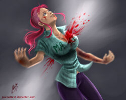 Rule 34 | 1girl, artist name, bellemere, blood, blood on clothes, blood on face, cigarette, collarbone, jeannette11, long hair, low ponytail, mohawk, one piece, patterned hair, pink hair, ponytail, shirt, signature, solo, watermark, web address