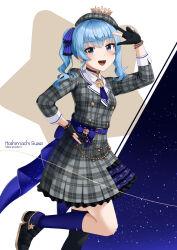 Rule 34 | 1girl, blue hair, blue ribbon, breasts, hand on own hip, highres, hololive, hoshimachi suisei, koizumike, medium hair, open mouth, ribbon, sky, small breasts, star (sky), starry sky, v, virtual youtuber