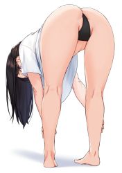 Rule 34 | 1girl, anti (0324), ass, barefoot, bent over, black hair, black panties, from behind, kneepits, legs, long hair, mole, mole under eye, no pants, original, panties, partially visible vulva, purple eyes, shirt, simple background, solo, standing, stretch, symbol commentary, t-shirt, underwear, white background, white shirt