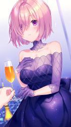 Rule 34 | 1girl, alcohol, bare shoulders, blurry, blurry background, blush, breasts, champagne, champagne flute, cleavage, closed mouth, cocktail dress, collarbone, commentary, cup, depth of field, detached collar, dress, drinking glass, eiffel tower, eyes visible through hair, fate/grand order, fate (series), gloves, hair over one eye, hand on own chest, highres, holding, holding cup, indoors, kuroki (ma-na-tu), long sleeves, mash kyrielight, mash kyrielight (chaldea dinnertime), medium breasts, off-shoulder dress, off shoulder, official alternate costume, pink hair, purple dress, purple eyes, purple gloves, short hair, solo