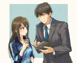Rule 34 | 1boy, 1girl, black hair, book, brown hair, business suit, drinking, drinking straw, formal, green eyes, holding, holding book, idolmaster, idolmaster cinderella girls, long hair, long sleeves, looking at another, marimo (momiage), necktie, producer (idolmaster), producer (idolmaster cinderella girls anime), shibuya rin, suit, writing
