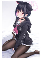 Rule 34 | 1girl, :/, absurdres, animal ears, between legs, black choker, black hair, black jacket, blue archive, blush, brown pantyhose, cat ears, choker, collarbone, colored inner hair, extra ears, floppy ears, hair ornament, hairclip, halo, hand between legs, highres, hood, hood down, hooded jacket, jacket, kazusa (blue archive), long sleeves, looking at viewer, miniskirt, multicolored hair, neckerchief, no shoes, on bed, pantyhose, pink hair, pink neckerchief, pleated skirt, rama (yu-light8), red eyes, short hair, sidelocks, sitting, skirt, sleeves past wrists, solo, thighs, two-tone hair, wariza, white skirt