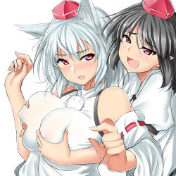 Rule 34 | 2girls, :d, absurdres, animal ears, armpits, bare shoulders, black hair, black ribbon, blush, grabbing another&#039;s breast, breasts, detached sleeves, dress shirt, covered erect nipples, grabbing, grabbing from behind, groping, hat, highres, inubashiri momiji, large breasts, long sleeves, looking at another, mokkori9, multiple girls, neck ribbon, nose blush, open mouth, pointy ears, pom pom (clothes), red eyes, ribbon, shameimaru aya, shirt, short hair, silver hair, sleeveless, sleeveless shirt, smile, sweat, tokin hat, touhou, upper body, white shirt, wide sleeves, wolf ears, yuri