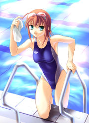 Rule 34 | 00s, 1girl, competition swimsuit, goggles, goggles on head, green eyes, kimi ga nozomu eien, norizou type-r, one-piece swimsuit, pool, pool ladder, poolside, red hair, short hair, solo, suzumiya akane, swim cap, swimsuit, wet