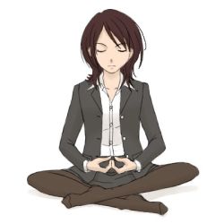 Rule 34 | 1girl, amagami, brown hair, closed eyes, feet, formal, indian style, lowres, meditation, no shoes, pantyhose, simple background, sitting, skirt, skirt suit, solo, suit, takahashi maya, white background, yoga