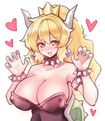 Rule 34 | 1girl, armlet, bare shoulders, blonde hair, blush, bowsette, bracelet, breasts, cleavage, collar, collarbone, covered erect nipples, crown, ditienan ddn, dress, earrings, fingernails, green eyes, hands up, heart, horns, jewelry, large breasts, long hair, looking at viewer, mario (series), new super mario bros. u deluxe, nintendo, open mouth, pointy ears, saliva, sharp fingernails, simple background, solo, spiked armlet, spiked bracelet, spiked collar, spiked shell, spikes, strapless, strapless dress, sweat, turtle shell, upper body, white background