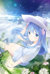 Rule 34 | 1girl, absurdres, ama mitsuki, blue eyes, blue hair, blue sky, blush, brooch, closed mouth, cloud, cloudy sky, day, dress, emori miku, flower, frilled dress, frills, from above, grass, hair flower, hair ornament, hairclip, hand on headwear, hand up, hat, highres, jewelry, liver city, long hair, looking at viewer, looking to the side, looking up, outdoors, short sleeves, sitting, sky, solo, sun hat, very long hair, white dress, white hat, wind