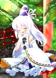 Rule 34 | 1girl, bandages, black thighhighs, blush, detached sleeves, closed eyes, female focus, fence, hand to own mouth, hat, hat ribbon, highres, japanese clothes, kariginu, long hair, long sleeves, mononobe no futo, ribbon, shirt, side slit, silver hair, skirt, smile, solo, thighhighs, touhou, tree, wide sleeves, zefa (neoaltemice)