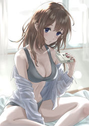 Rule 34 | 1girl, absurdres, bed, between legs, blue eyes, bra, breasts, brown hair, cigarette, cleavage, clothes down, collarbone, dress shirt, earrings, grey bra, grey panties, hair between eyes, hand between legs, highres, holding, indian style, indoors, jewelry, kuroneko w1nter, lens flare, long hair, medium breasts, messy hair, nail polish, open clothes, open shirt, original, panties, parted lips, red nails, shirt, sitting, solo, underwear, waking up, white shirt
