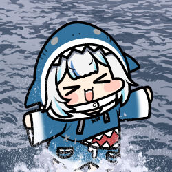 Rule 34 | &gt; &lt;, 1girl, :3, animal hood, blue hair, blush stickers, closed eyes, commentary, gawr gura, hololive, hololive english, hood, jazz jack, lowres, multicolored hair, open mouth, outstretched arms, shark hood, sharp teeth, smile, solo, splashing, streaked hair, teeth, virtual youtuber, wading, white hair