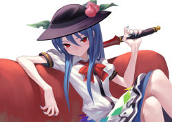 Rule 34 | 1girl, black hat, blue hair, blue nails, blue skirt, bow, bowtie, couch, crossed legs, fkey, food, fruit, hair between eyes, hat, highres, hinanawi tenshi, holding, holding sword, holding weapon, long hair, looking at viewer, miniskirt, nail polish, peach, red bow, red bowtie, red eyes, shirt, simple background, sitting, skirt, solo, sword, touhou, weapon, white background, white shirt