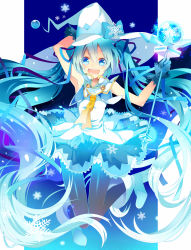 Rule 34 | 1girl, :d, absurdres, armpits, blue eyes, blue hair, boots, bow, gloves, gradient background, hair ribbon, hat, hat bow, hatsune miku, highres, holding, jumping, long hair, looking at viewer, matching hair/eyes, necktie, open mouth, pantyhose, ribbon, skirt, sleeveless, smile, snowflakes, solo, staff, temari (deae), twintails, very long hair, vocaloid, witch hat, yellow necktie, yuki miku, yuki miku (2014)