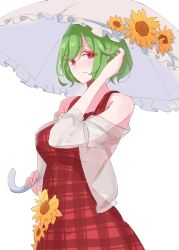 Rule 34 | 1girl, bare shoulders, breasts, closed mouth, commentary, dress, flower, green hair, hand in own hair, highres, holding, holding umbrella, kazami yuuka, large breasts, looking at viewer, parasol, plaid, plaid dress, red dress, red eyes, short hair, simple background, smile, solo, sunflower, tohoyuukarin, touhou, umbrella, white background, white umbrella
