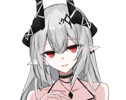 Rule 34 | 1girl, absurdres, arknights, bare shoulders, demon girl, demon horns, ear piercing, grey hair, hair ornament, hairclip, highres, horns, infection monitor (arknights), jewelry, mudrock (arknights), necklace, parted lips, piercing, pointy ears, red eyes, simple background, smile, solo, touko (toko12 tooko), white background