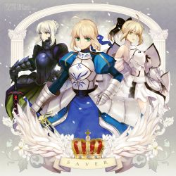 Rule 34 | 3girls, armor, armored dress, artoria pendragon (all), artoria pendragon (fate), astarone, blonde hair, column, crown, dogwood (flower), dress, english text, engrish text, excalibur (fate/stay night), excalibur morgan (fate), fate/stay night, fate/unlimited codes, fate (series), flower, green eyes, multiple girls, multiple persona, pillar, ranguage, saber (fate), saber alter, saber lily, wings, yellow eyes
