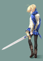 Rule 34 | 1girl, ahoge, artoria pendragon (all), artoria pendragon (fate), black pantyhose, blonde hair, blue scarf, blue skirt, boots, breath, brown footwear, cosplay, costume switch, fate (series), green background, highres, leather, leather boots, looking at viewer, official alternate costume, pantyhose, saber (fate), scarf, skirt, solo, sword, uraomote, weapon