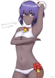Rule 34 | 1girl, 1nilla&#039;, arm behind head, armpits, bare shoulders, bell, blush, breasts, cowboy shot, dark-skinned female, dark skin, english text, fate/grand order, fate (series), hassan of serenity (fate), hassan of serenity (merry sheep) (fate), headdress, highres, horns, looking at viewer, navel, panties, presenting, presenting armpit, purple eyes, purple hair, ribs, sheep horns, short hair, simple background, smile, solo, stomach, underboob, underwear, white background, white panties, wool