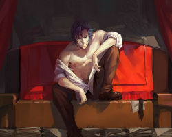 Rule 34 | 10s, 1boy, blanket, blue eyes, blue hair, brown upholstery, cancer (zjcconan), couch, kill la kill, male focus, matching hair/eyes, mikisugi aikurou, open clothes, open shirt, shirt, sitting, solo