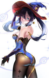 Rule 34 | 1girl, absurdres, aqua eyes, ass, ass focus, bare shoulders, black hair, black pantyhose, bodystocking, breasts, detached sleeves, from behind, genshin impact, hand on own face, hat, highres, lessone, long hair, looking back, medium breasts, mona (genshin impact), pantyhose, shiny skin, sideboob, simple background, solo, white background, wizard hat
