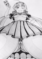 Rule 34 | 1girl, ;d, ahoge, ass, blush, breasts, crop top, female focus, from below, gluteal fold, greyscale, hair ribbon, hairband, highres, holding, jin homuhomu, long hair, looking at viewer, looking down, monochrome, navel, one eye closed, open mouth, panties, paper, pleated skirt, puffy short sleeves, puffy sleeves, ribbon, ryoubi (senran kagura), senran kagura, short sleeves, skindentation, skirt, smile, solo, striped clothes, striped panties, tagme, thighs, traditional media, twintails, underboob, underwear, upshirt, upskirt, wink