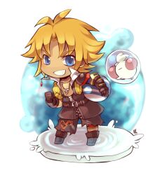 Rule 34 | 1boy, ball, belt, black belt, black gloves, black pants, blitzball, blonde hair, blue eyes, bubble, chibi, chibi only, clenched hand, collarbone, final fantasy, final fantasy x, gloves, grin, holding, holding ball, jewelry, kotorai, looking at viewer, male focus, moogle, necklace, no nose, pants, smile, tidus