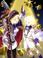 Rule 34 | 1boy, 1girl, artoria caster (fate), artoria caster (second ascension) (fate), artoria pendragon (fate), beret, blonde hair, bow, cape, closed eyes, dress, egg, fate/grand order, fate (series), gloves, golden egg, hat, high five, highres, pantyhose, pspsno pan, shorts, smile, spotlight, staff, voyager (fate), voyager (second ascension) (fate)