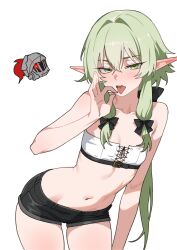 1boy 1girl absurdres bare_shoulders belt_buckle black_bow black_shorts bow breasts buckle collarbone commentary elf english_commentary fellatio_gesture glowing glowing_eye goblin_slayer goblin_slayer! green_eyes green_hair hair_between_eyes hair_bow helmet high_elf_archer_(goblin_slayer!) highres kuso_otoko light_blush long_hair midriff navel open_mouth pointy_ears ponytail short_shorts shorts simple_background small_breasts solo strapless teeth tongue tongue_out upper_teeth_only very_long_hair white_background