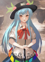 Rule 34 | 1girl, aako, black hat, blue hair, commentary, dress, expressionless, eyelashes, floating island, food-themed hair ornament, grey background, hair ornament, hat, highres, hinanawi tenshi, layered dress, leaf, lips, long hair, looking at viewer, outdoors, own hands together, parted lips, peach hair ornament, puffy short sleeves, puffy sleeves, red eyes, red neckwear, red ribbon, ribbon, short sleeves, sketch, solo, standing, sword, touhou, upper body, very long hair, weapon