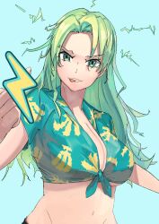 Rule 34 | 1girl, absurdres, asymmetrical underboob, bleach, bleach: sennen kessen-hen, breasts, candice catnipp, cleavage, green eyes, green hair, highres, large breasts, long hair, looking at viewer, matching hair/eyes, midriff, navel, solo, tongue, tongue out