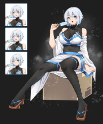 Rule 34 | 1girl, absurdres, bare shoulders, black background, black thighhighs, blue eyes, blue hair, box, breasts, cardboard box, commentary, commission, covered navel, detached sleeves, food, geta, highres, holding, holding food, large breasts, long sleeves, looking at viewer, multiple views, open mouth, original, pinepin, popsicle, short hair, sitting, skirt, thighhighs, thighs, white skirt