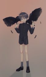 Rule 34 | 1boy, absurdres, bare legs, bird, black footwear, black hair, child, commentary request, crow, feathered wings, feathers, gradient background, hair between eyes, highres, horror (theme), looking at viewer, male focus, ngron027, original, short hair, shorts, simple background, socks, wings