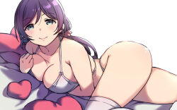 Rule 34 | 1girl, bra, closed mouth, duke (inu daimyou), green eyes, hair ornament, hair scrunchie, long hair, love live!, love live! school idol project, low twintails, lying, on stomach, panties, purple hair, red scrunchie, scrunchie, smile, solo, thighhighs, tojo nozomi, twintails, underwear, underwear only, white bra, white panties, white thighhighs