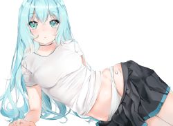 Rule 34 | 1girl, :o, adapted costume, aqua eyes, aqua hair, arm support, bare arms, black skirt, blouse, blue hair, blush, breasts, casual, choker, clothes pull, cowboy shot, groin, hair down, hatsune miku, highres, leg tattoo, long hair, looking at viewer, lying, midriff, miniskirt, nakony, number tattoo, on side, panties, pleated skirt, shirt, short sleeves, simple background, skindentation, skirt, skirt pull, solo, striped clothes, striped panties, t-shirt, tattoo, underwear, vocaloid, white background, white shirt