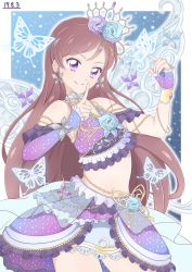 Rule 34 | 1girl, aikatsu!, aikatsu! (series), arms up, blush, brown hair, bug, butterfly, choker, closed mouth, crown, detached sleeves, diamond hair ornament, earrings, fairy wings, finger to mouth, fingerless gloves, flower, gloves, insect, jewelry, long hair, looking at viewer, midriff, penfish323, purple eyes, rose, shibuki ran, skirt, smile, very long hair, wings