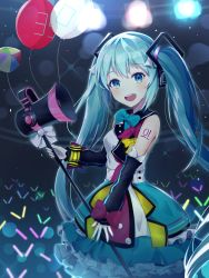 Rule 34 | 1girl, :d, absurdres, balloon, bare shoulders, black sleeves, blue eyes, blue skirt, blush, bow, breasts, commentary request, detached sleeves, ds a, frilled skirt, frills, gloves, glowstick, green hair, hair ornament, hatsune miku, highres, long hair, long sleeves, magical mirai (vocaloid), magical mirai miku, magical mirai miku (2018), open mouth, purple bow, round teeth, shirt, skirt, sleeveless, sleeveless shirt, sleeves past wrists, small breasts, smile, solo, teeth, twintails, upper teeth only, very long hair, vocaloid, white gloves, white shirt