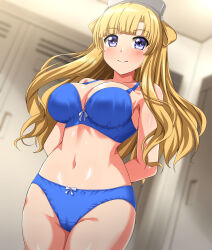 Rule 34 | 1girl, absurdres, arms behind back, blonde hair, blue bra, blue panties, bra, breasts, commentary request, commission, double bun, dutch angle, fletcher (kancolle), hair bun, highres, kantai collection, large breasts, locker, locker room, long hair, panties, pixiv commission, purple eyes, shirt, smile, solo, underwear, underwear only, zanntetu