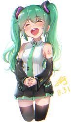 Rule 34 | 1girl, :d, ^ ^, bare shoulders, black skirt, black sleeves, black thighhighs, blush, breasts, closed eyes, cropped legs, dated, detached sleeves, facing viewer, green hair, green neckwear, hair between eyes, hatsune miku, head tilt, highres, interlocked fingers, long hair, long sleeves, open mouth, own hands together, pleated skirt, shirt, signature, simple background, skirt, sleeveless, sleeveless shirt, sleeves past wrists, small breasts, smile, solo, teeth, thighhighs, tie clip, twintails, upper teeth only, very long hair, vocaloid, white background, white shirt, wide sleeves, xiaoyu